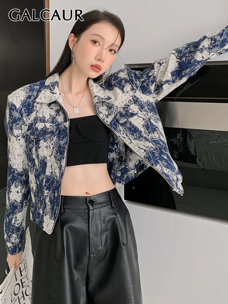 

GALCAUR Korean Fashion Jacket For Women Lapel Collar Long Sleeve Print Colorblock Coat Female Autumn Clothing 2021 Style New
