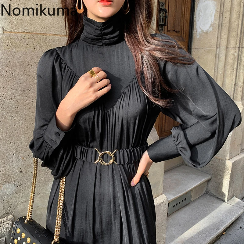 

Nomikuma Dresses Elegant Temperament Turtleneck Pleated Slim Waist Long Puff Sleeve Dress Women Autumn New Korean Style 3d642