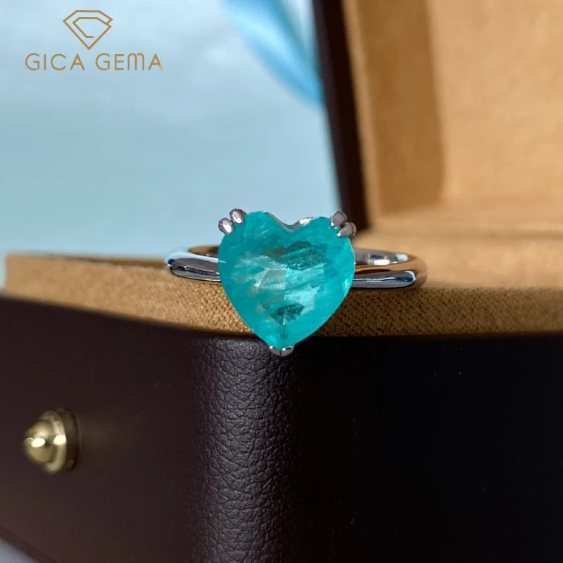 

GICA 100% 925 Sterling Silver Fashion 10*10mm Heart Synthesis Paraiba Tourmaline Gemstone Rings For Women Party Fine Jewelry