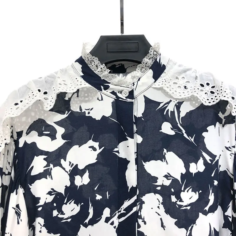 

XUXI Patchwork Lace Agaric Lace Blouse Top Women Clothes 2020 Spring New Stand Collar Full Sleeve Print Shirt Elegant FZ0575