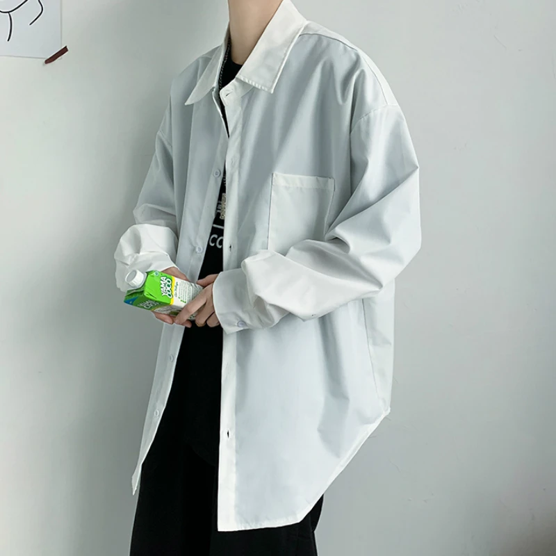 

Men Shirts Single Breasted Turn-down Collar Long Sleeve Solid Simple Casual Japanese Style Fashion Harajuku Male Clothing New Bf