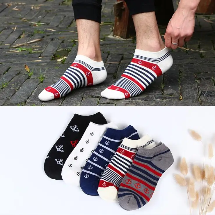 short anchor stripe 5 пар/лот, хлопковые мужские носки, синие высокие носки, носки-башмачки с якорем и звездой, мягкие забавные носки, повседневные носки, мужские Чулочные изделия - Цвет: short anchor stripe