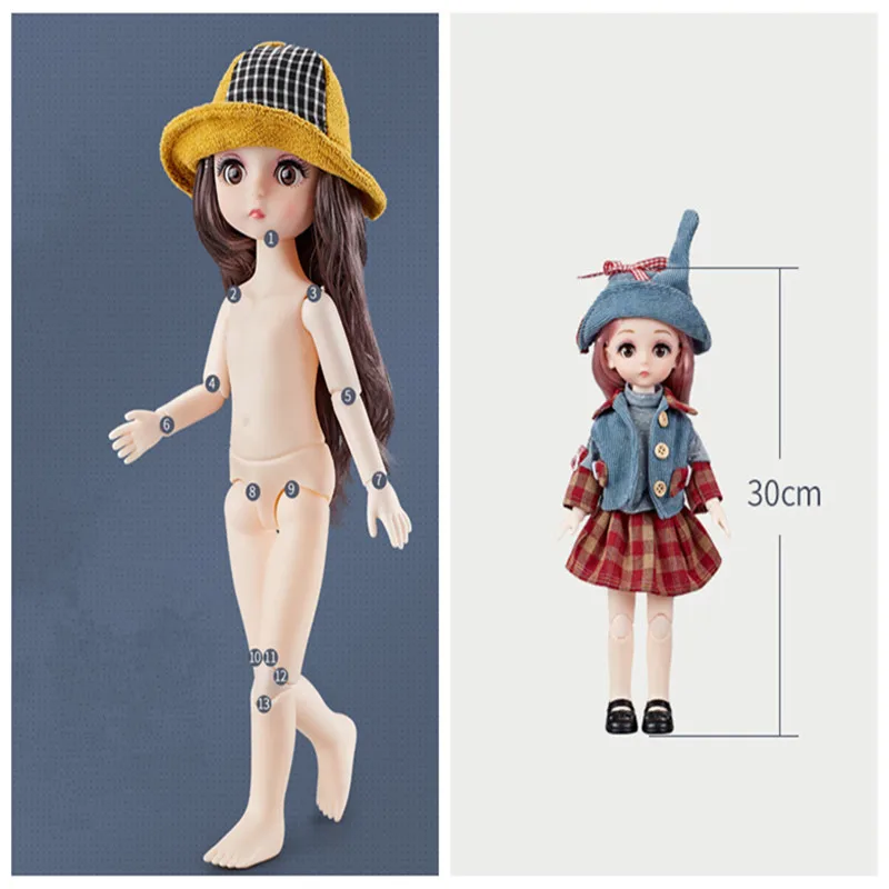 

New 13 Joints Movable BJD 30cm Doll 3D Eyes 1/6 Fashion Princess Dress Up DIY Girl Toy Clothes Set Children's Birthday Gift