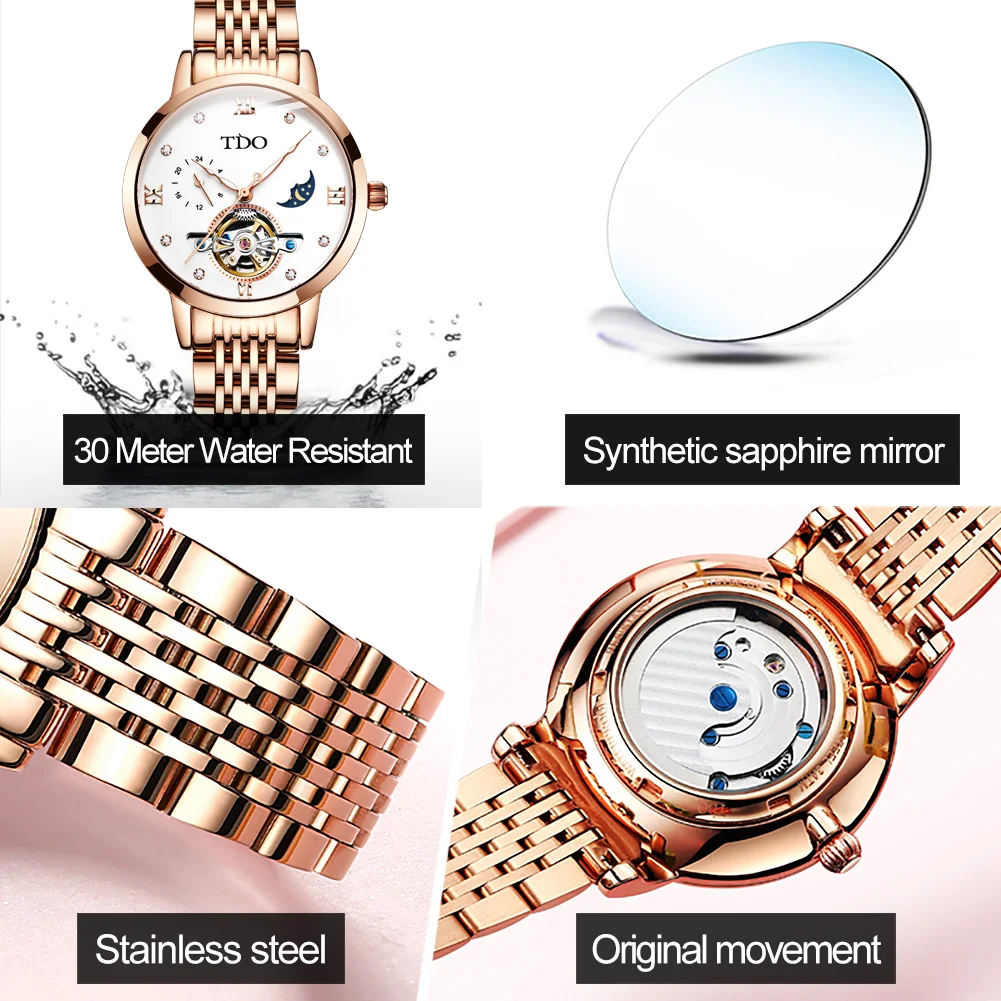 

Women's automatic mechanical wristwatch Hollow design tungsten steel watchband fashion waterproof moon phase female clock