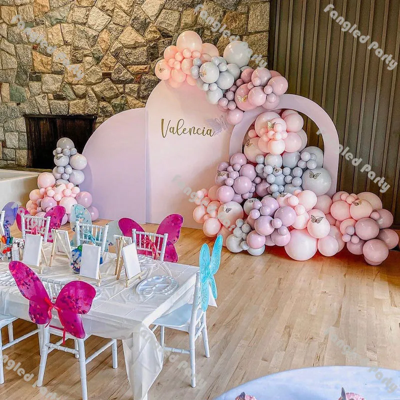 

220pcs Doubled Macaron Baby Pink Purple Matte Grey Balloons Arch Gender Reveal Baby Shower Wedding Decoration Birthday Party Kit