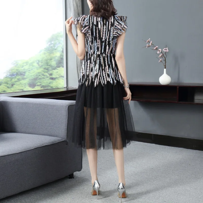 

Formal Party Elegant 2020 Spring Summer Women Sexy Sheer Mesh Embroidery Mid-Calf Length Black Dress Vestidos De Festa