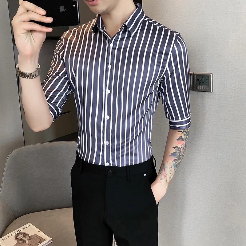 

High Quality Summer Men Dress Shirts Half Sleeve Simple Business Formal Wear Slim Fit Casual Striped Shirt Man Clothing Sale Hot