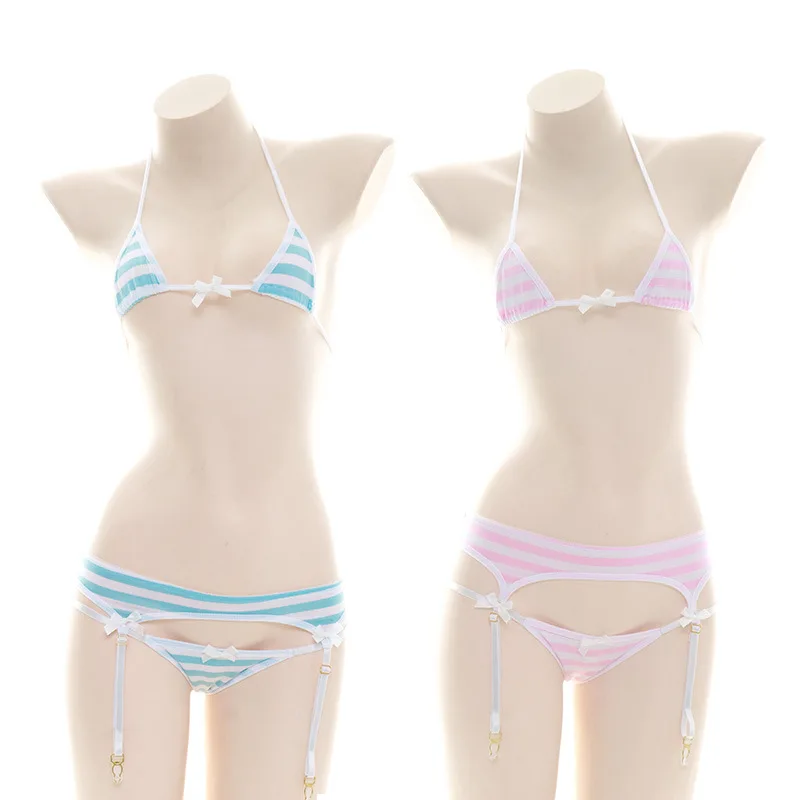 Conjunto de ropa interior Lolita para dormir, conjunto de 3 uds, Sexy, azul, rosa, blanco, rayado, liguero de Chica de Anime, Bikini, Cosplay