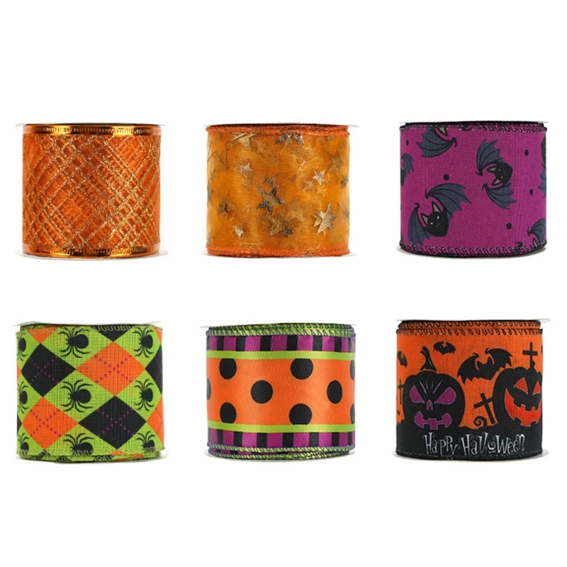 

L5YA Halloween Holiday Ribbon Printed Grosgrain Ribbons Assorted Decorations