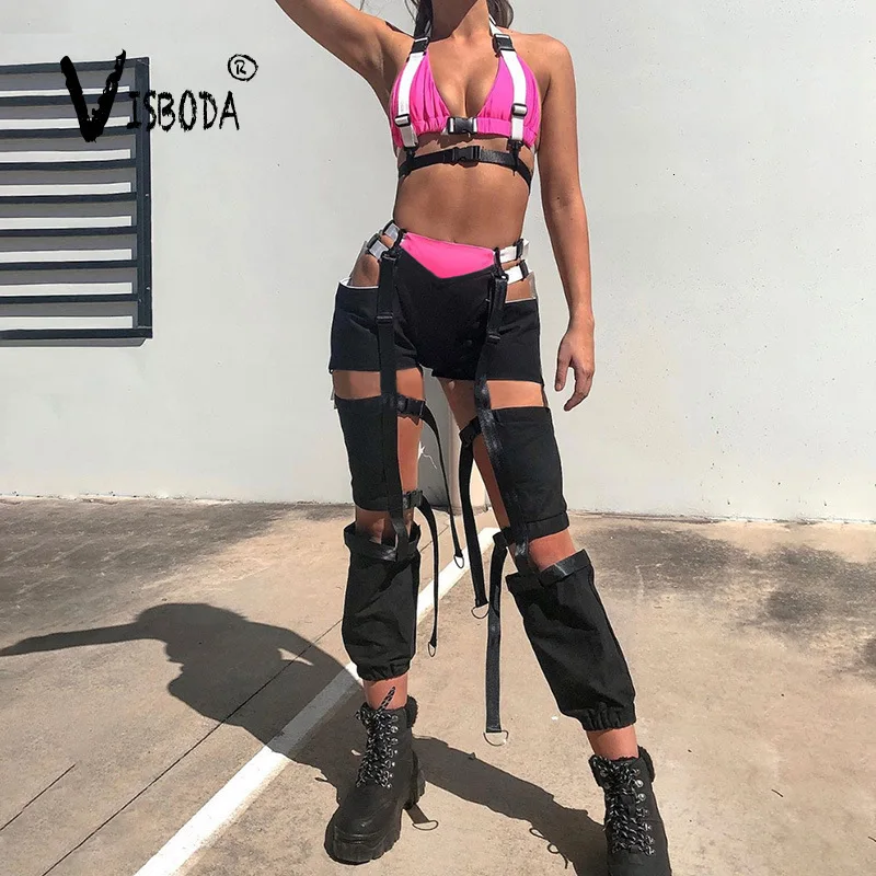 Женские сексуальные открытые брюки модные женские розовые Лоскутные штаны с