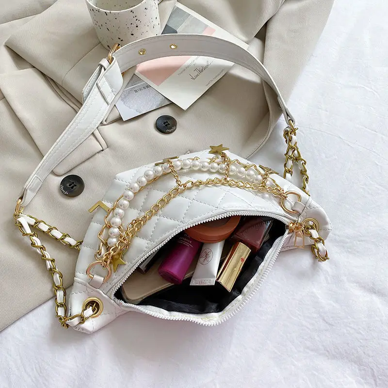 

Chains Beading Thread Chest Bags Women PU Leather Shell Handbags Cross Body Fairy Girls Fashionable Fanny Pack Candy Colors Bag