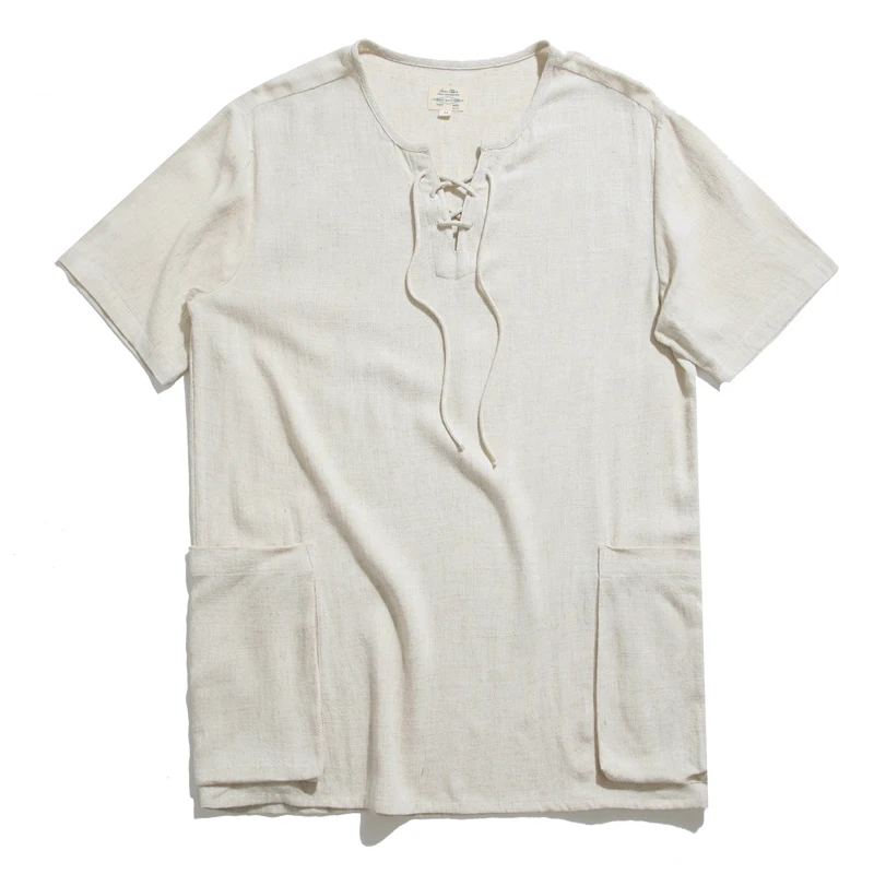 

Summer Men Men's Short-sleeved T-shirt Linen Shirts Breathable and Cool Vintage Loose T Shirt