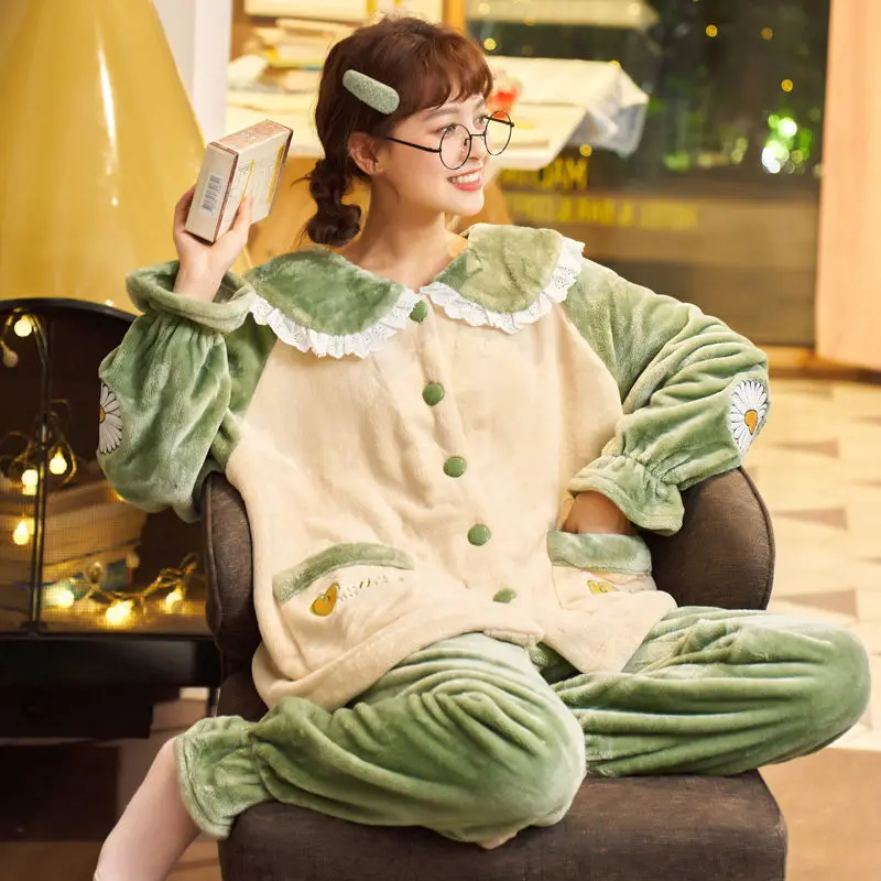 Thickened Plus Flannel Women Sleepwear Coral Velvet Pajamas Autumn and Winter Cute Home Service Suits Nightwear Pijama Set