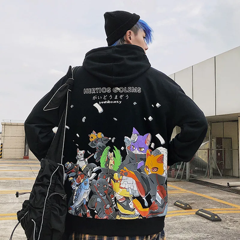 Men Hip Hop Hoodie Sweatshirt Anime Cat Japanese Cartoon Streetwear Harajuku Hoodies Pullover Loose Autumn Black Sweat Shirts | Мужская
