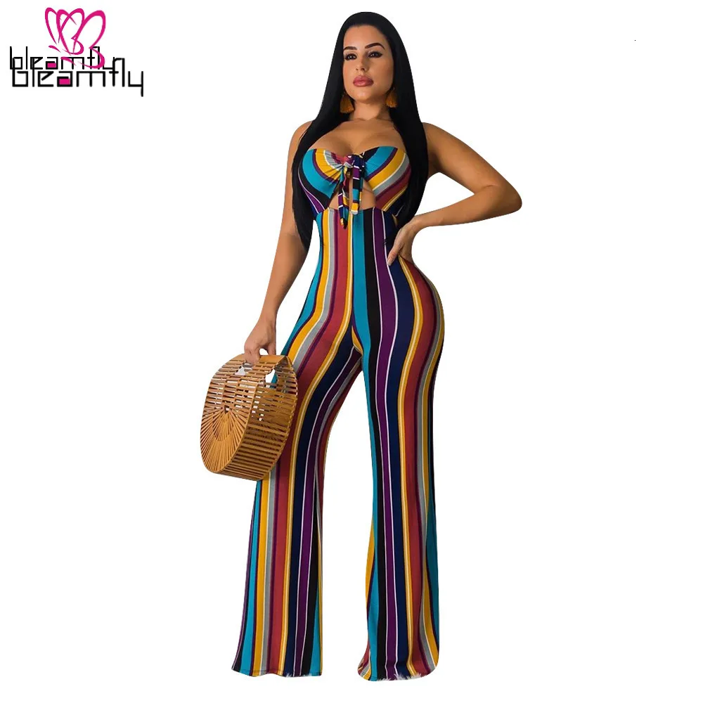 Женский летний цветной комбинезон в полоску без бретелек с завязками прямой