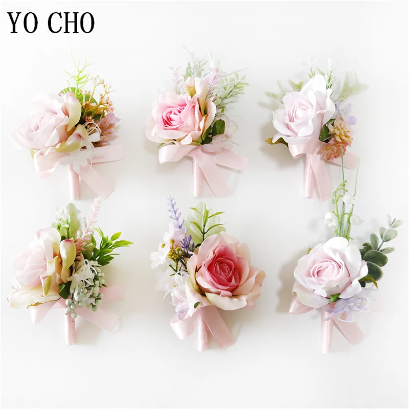 

YO CHO 6PCS/Lot Boutonniere Buttonhole Wedding Corsage Bracelet Flowers Bridesmaid Boutonniere Men Groom Corsage Pin