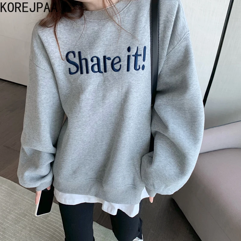 

Korejpaa Casual Letter Printed Sweatshirts Women Fake Two Piece Korea Fashion Ladies Long Sleeve O-neck Pullover Outwear Autumn