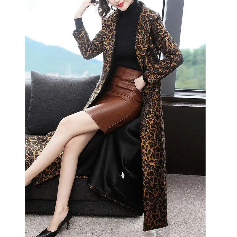 

Winter Women leopard Long Coat Casual Turn Down Collar Thick Oversize Jacket Fashion Single-Breasted Warm Female Long Shirt Coat