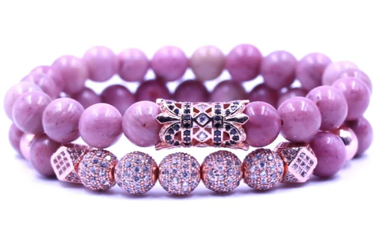 

8mm 2PCS/Set hgh3 elastic adjusted nature Rhodochrosite micro pave cz zircon cubic zirconia tube Bracelet Jewelry