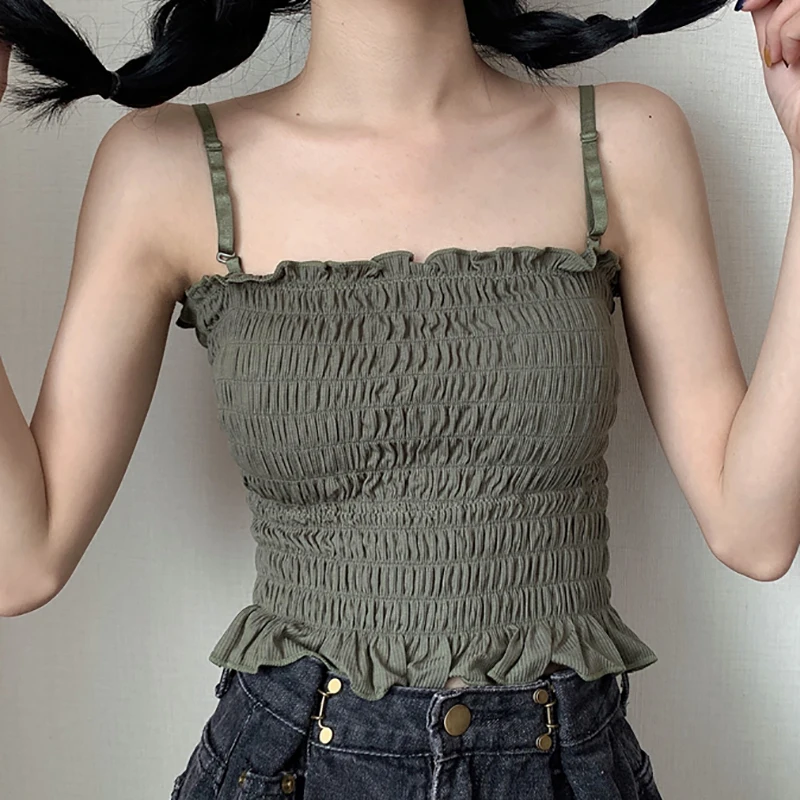 

Folds Crop Top Women Cami Elastic Cropped Feminino Top 2022 Summer Fungus Womens Tops Sexy Tanks Camis Camisole Woman Clothes