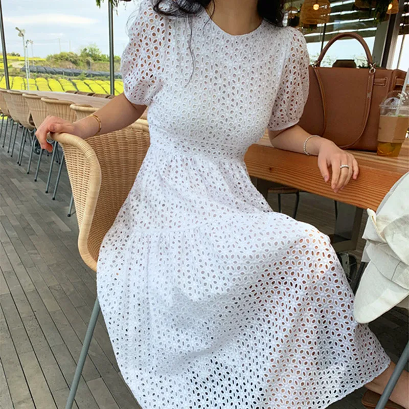 

Vintage Women Lace Maxi Dress Casual Loose Solid Chic Korean Dresses Female Sweet Elegant Vestidos Summer Flower New party dress