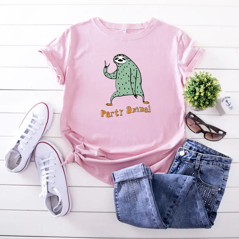 

Women T-shirt 100% Cotton Plus Size Short Sleeve Sloth Party Print Female Vogue t shirt O-Neck harajuk Tops Tees Femme S-3XL