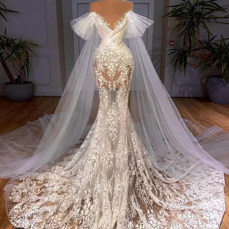 

See Through Lace Mermaid Wedding Dresses Sheer Neck Major Pearls Beaded With Wrap Bridal Gown Illusion Vestidoe De Novia