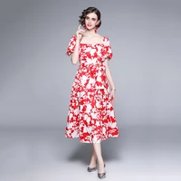 2021 summer new floral short sleeve dress large swing sashes chic square neck puff sleeve french style graceful long dresses