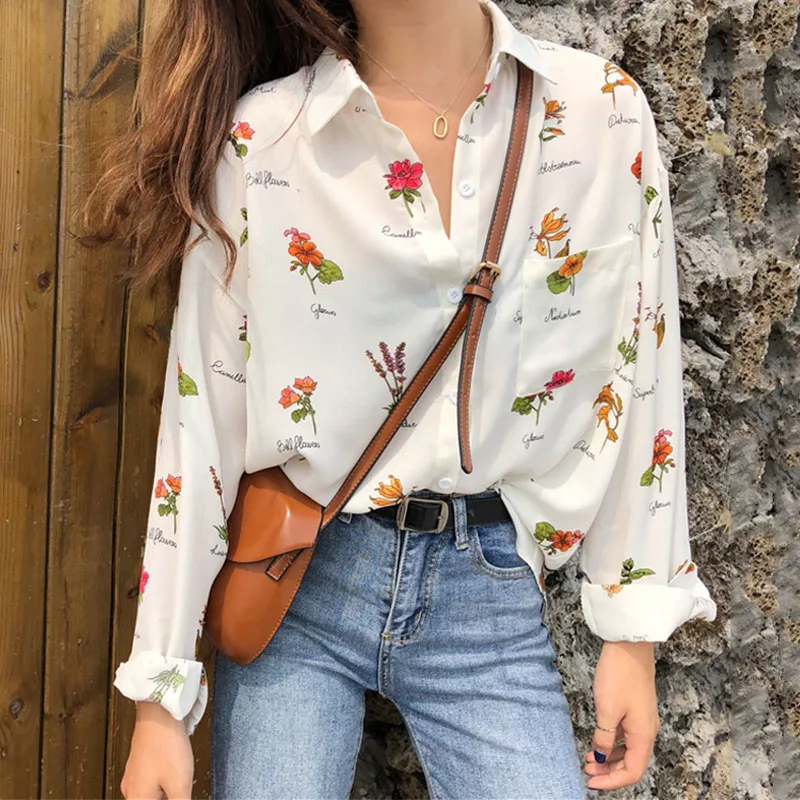 

Flowers Blouse Women's Shirt Ananas White Long Sleeve Blouses Woman 2020 Womens Tops and Blouse Top Female Autumn New