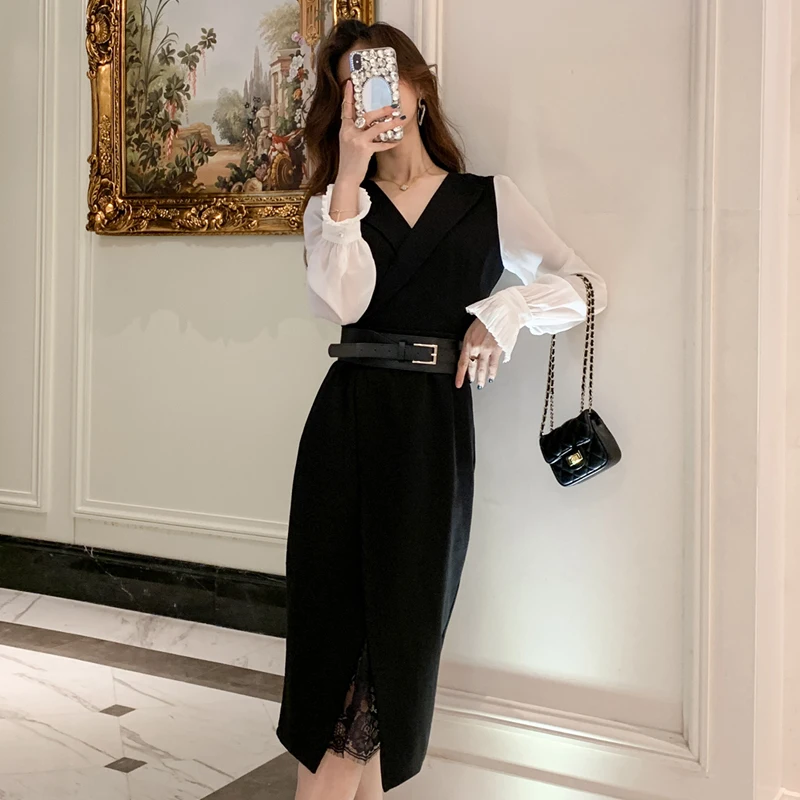 2019 Осень Зима Новое Элегантное Черное лоскутное с длинным рукавом v образным