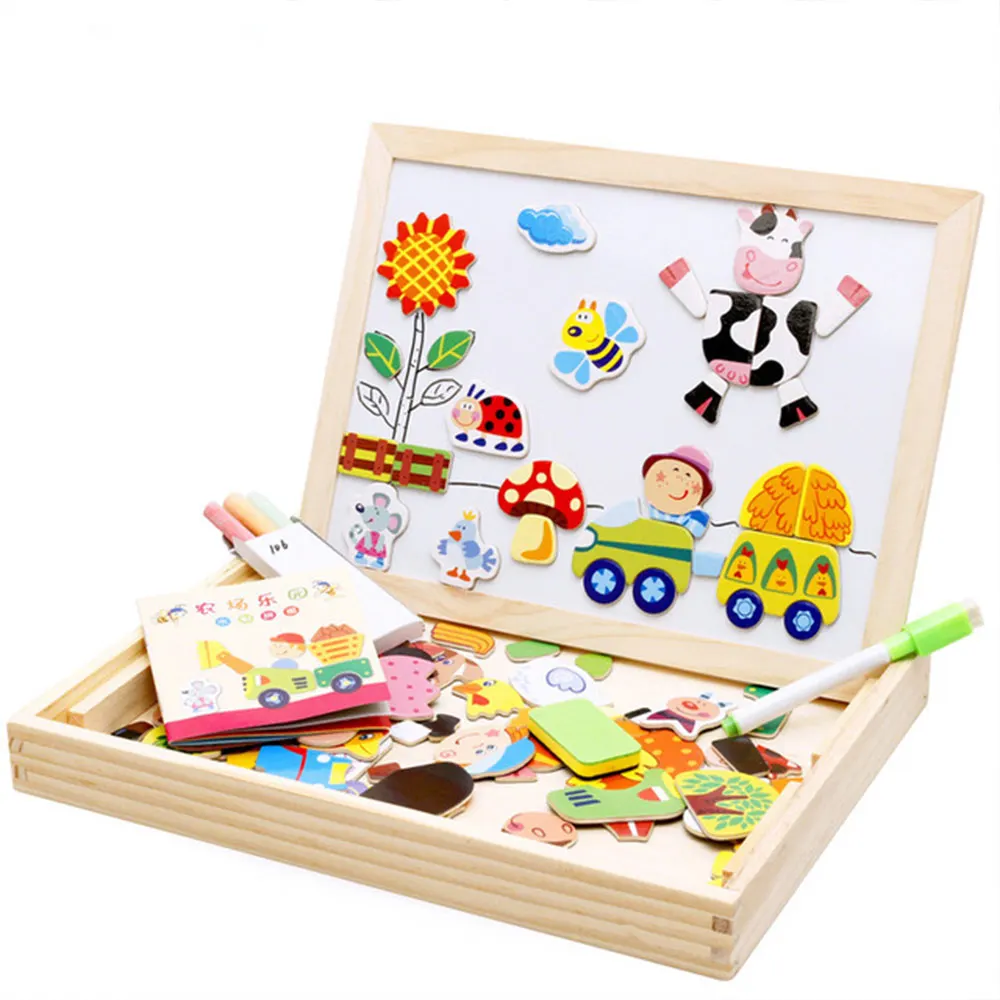 Child Animal Wooden Puzzles Kids Tangram Educational Gift Multifunctional Magnetic Puzzle Painting Board Toys Baby 3D Puzzle Toy - Color: WJ3550B