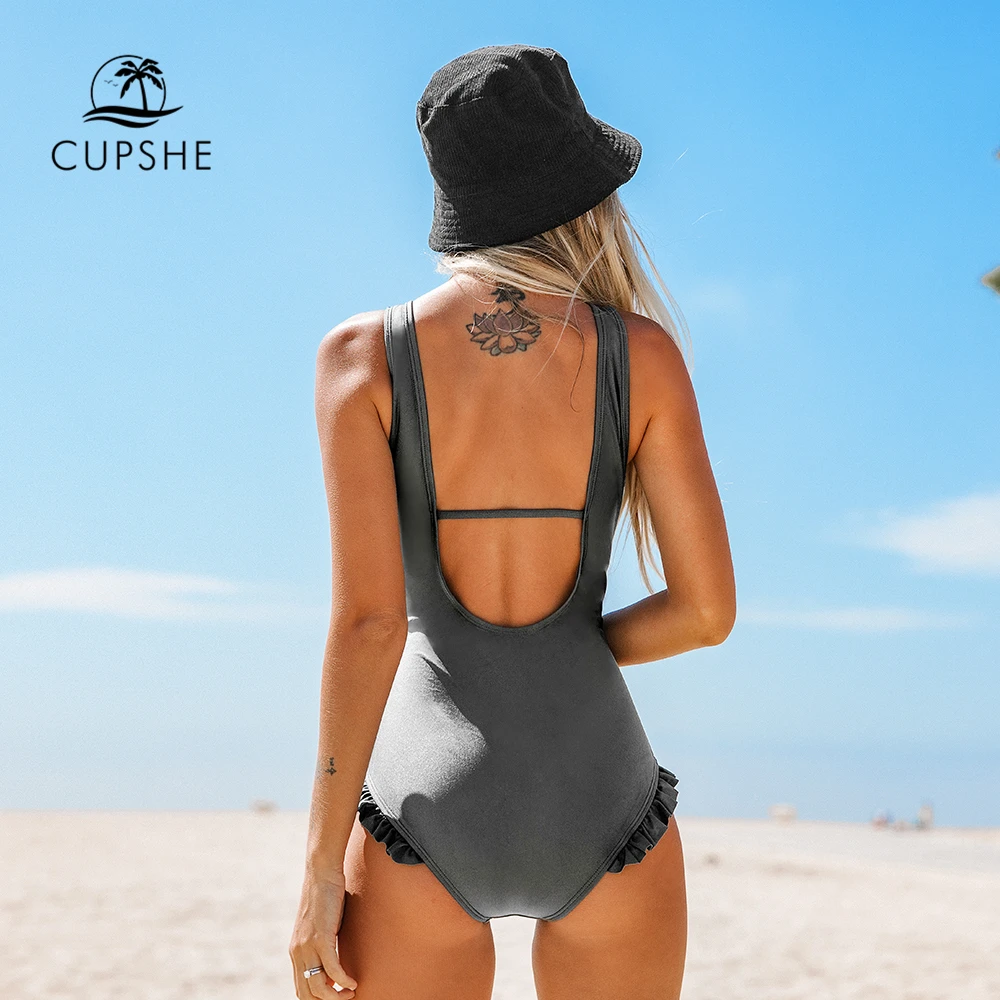 CUPSHE сплошной серый Цельный купальник сексуальный с открытой спиной Глубокий v