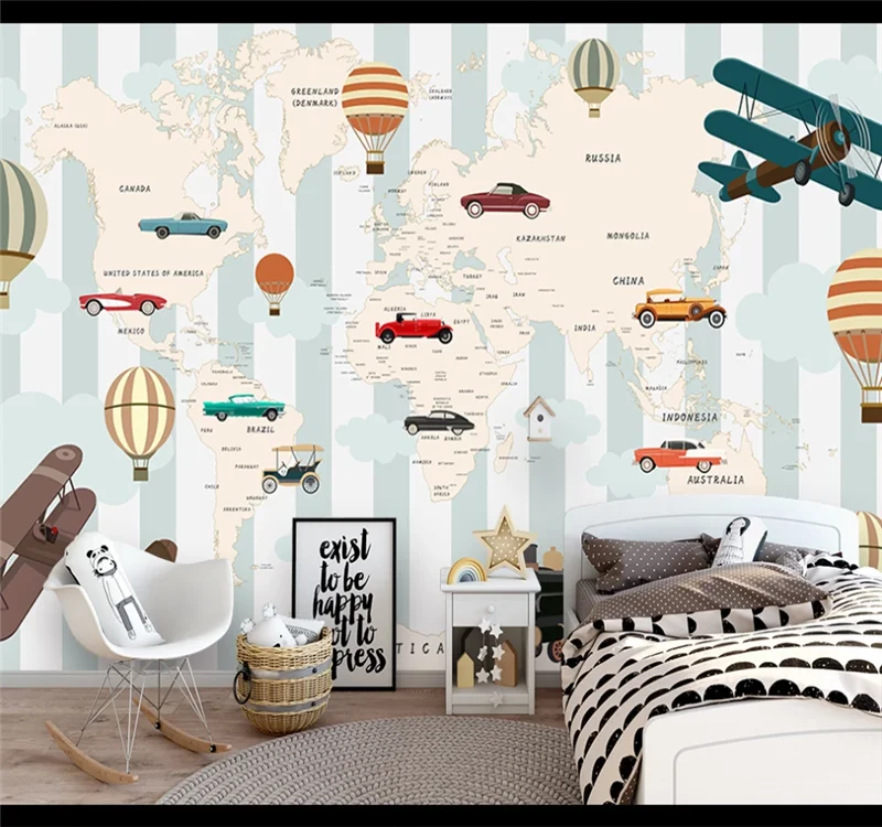 

Большие настенные 3D-обои на заказ, мультяшная карта мира, фон для детской комнаты, настенное покрытие
