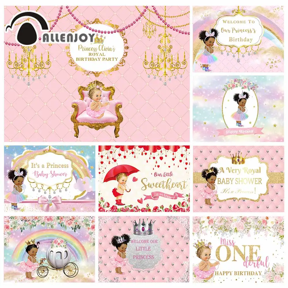 

Allenjoy Princess Backdrop Pink and Blue Boy Girl Crown Background Birthday Gender Reveal Party Baby Shower Party Decor Supplies