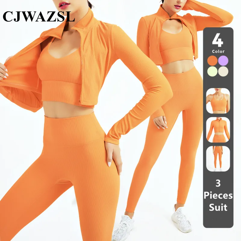 

New Yoga Long Sleeve Running Sports Yoga Wear Three-piece Women's Suit Jacket Cardigan Zipper Jacket Women's Sportswear Workout