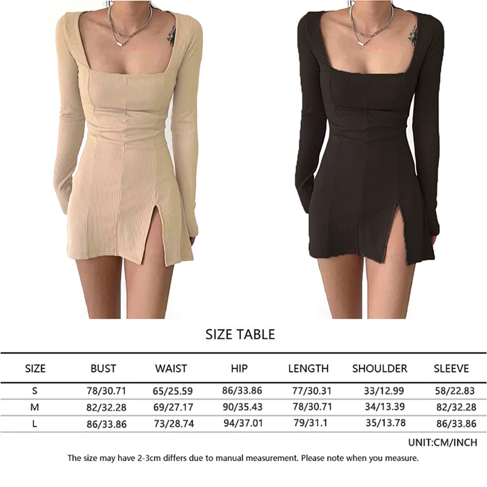 

Spring Squared Collar Women Sexy Bodycon Side Split Long Sleeve Dress Women Knitted Party Clubwear Mini Dresses Vestidos