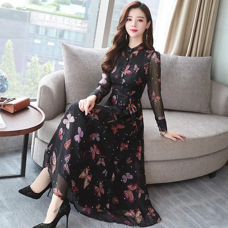 Женская осень и зима новое ретро цветочные миди XL шифоновое платье большого