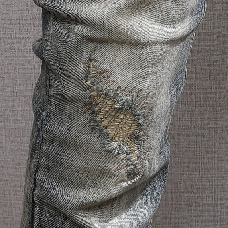 European American Vintage Fashion Men Jeans Retro Wash Elastic Cotton Slim Fit Ripped Jeans Men Distressed Designer Denim Pants