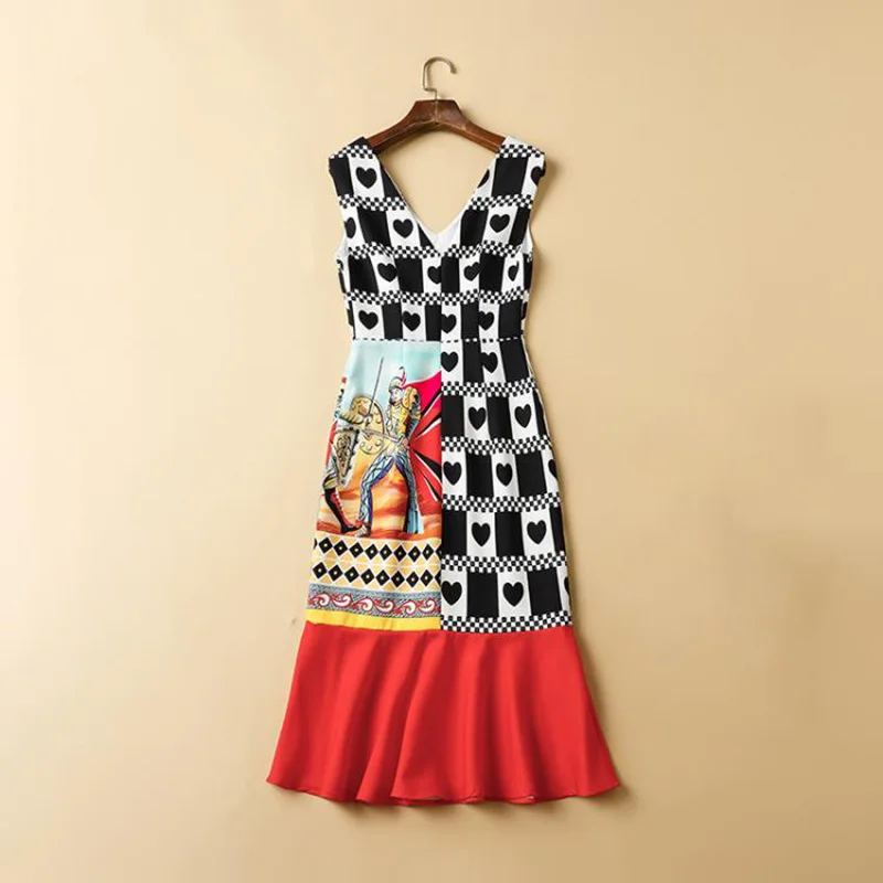 

VGH Hit Color Print Dress For Women V Neck Sleeveless Backless High Waist Midi Trumpet Female 2021 Summer Fashion Clothing Style