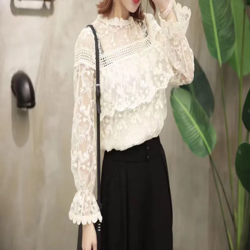 Женская ацетатная блузка с круглым вырезом свободная кружевными рукавами в