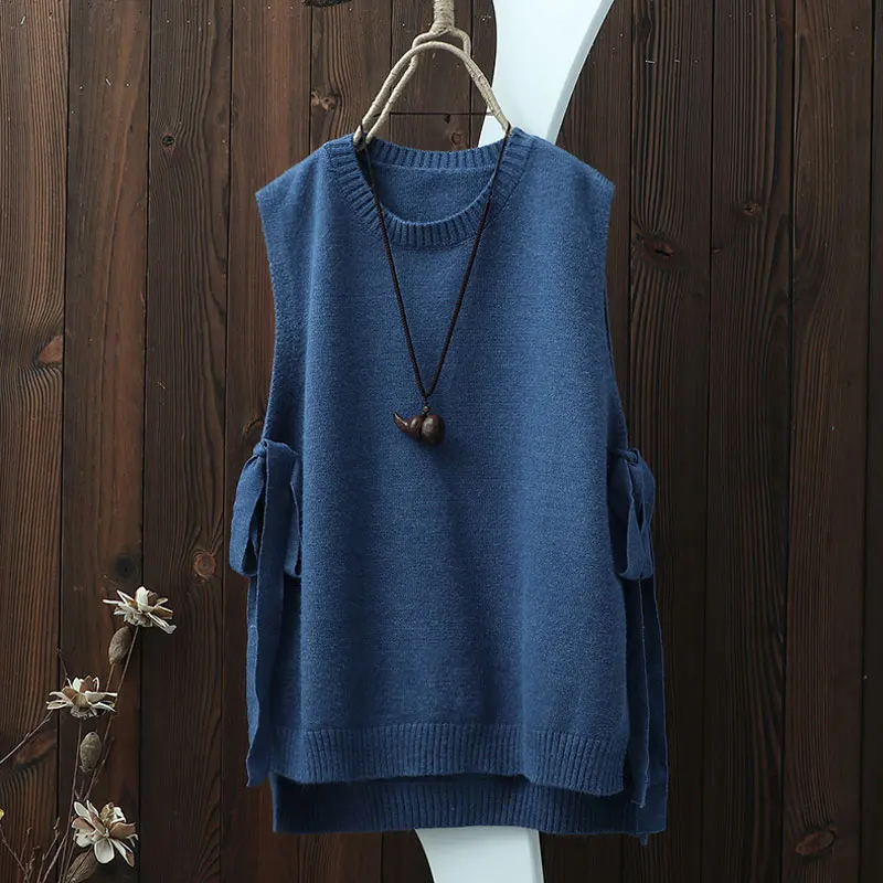 Женский весенний пуловер без рукавов Вязанный жилет с круглым вырезом тонкий
