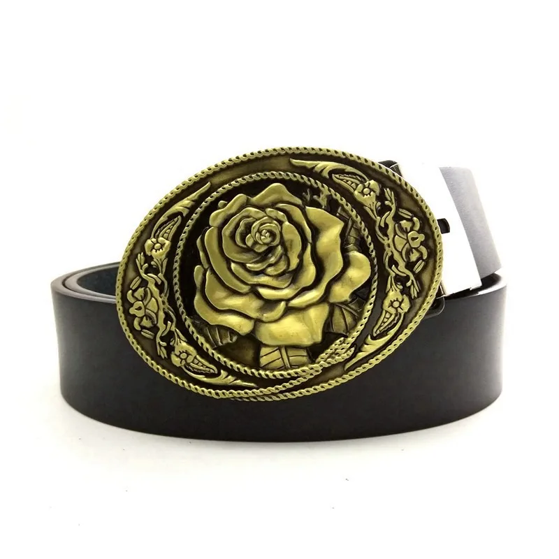 Black Wide Waist Belts for Men with Vintage Antique Bronze 3D Rose Oval Metal Buckle Western Cowboy Male Accessories Fashion