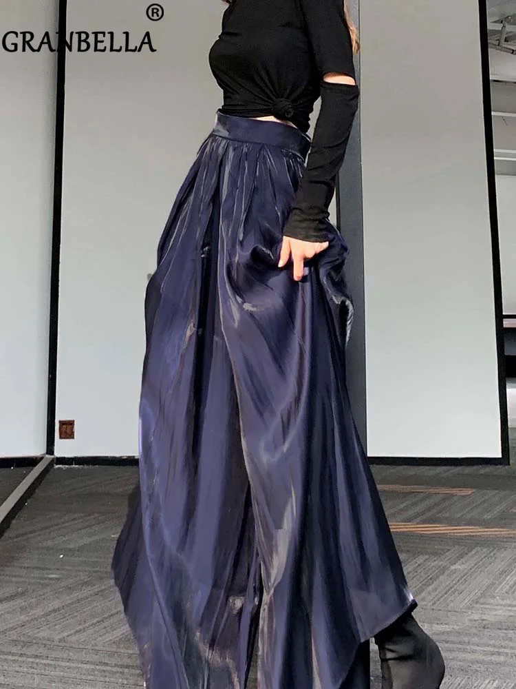 

High-waist oversize lazy pleated trousers for women spring autumn fashion back zipper vintage long dark blue wide leg pants
