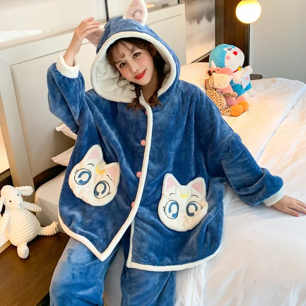 Coral Velvet Pajamas Women's Winter Thickened Plush Flannel Cute Outdoor Autumn And Home Clothes Set Spring