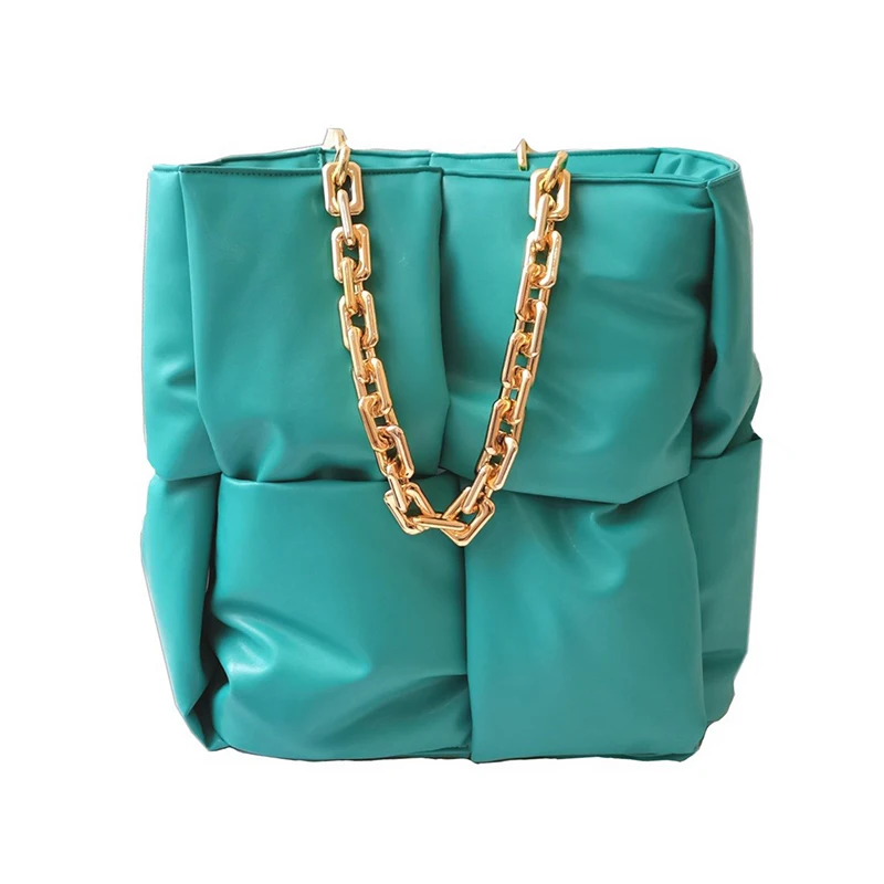 

fashion thick chains leather woven women shoulder bags designer down cotton handbgas luxury pu space cotton large capacity totes