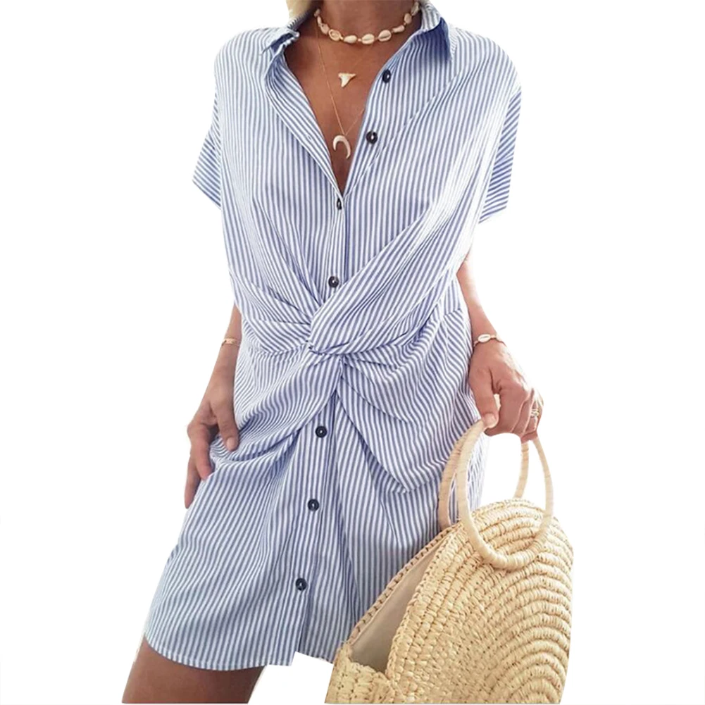 Женское Асимметричное мини платье рубашка с коротким рукавом и отложным