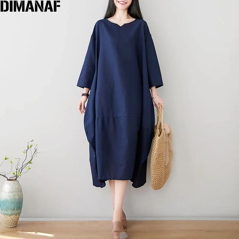 

DIMANAF Plus Size Women Dress Autumn Elegant Cotton Robe Design Casual Show Thin Female Loose Vintage Oversize Solid Dresses