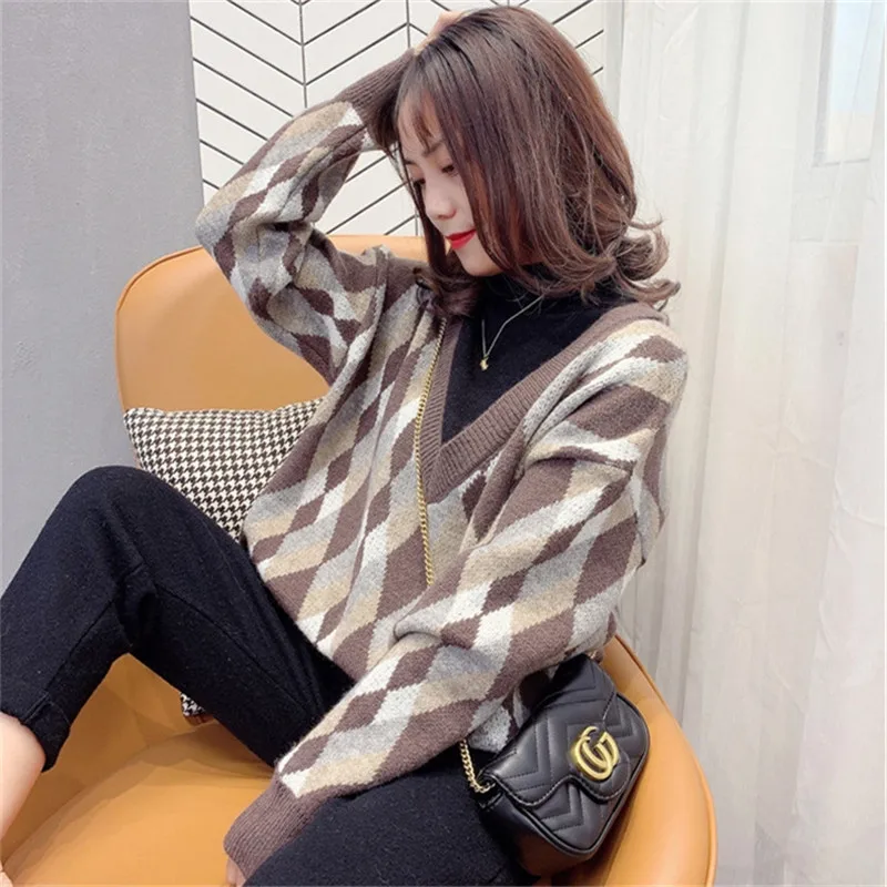 

Half High Collar Fake Two Piece Age Reducing Sweater Women Loose Outer Wear 2020 Autumn And Winter Diamond Base Sweater C346