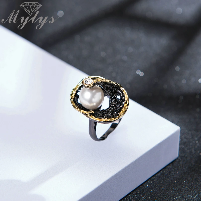 Mytys перламутровое кольцо для женщин, черный цвет, Винтажное кольцо, старинное Ювелирное кольцо, массивное кольцо, подарок R2163