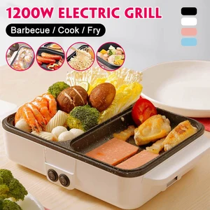 1400w 220v 2 in 1 electric hot pot cooker bbq grill multifunctional electric bbq grill non stick plate barbecue pan hot pot free global shipping